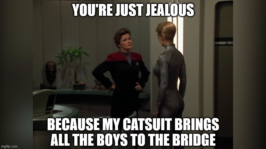 Kathy and Seven of Nine | YOU'RE JUST JEALOUS; BECAUSE MY CATSUIT BRINGS ALL THE BOYS TO THE BRIDGE | image tagged in kathy and seven of nine | made w/ Imgflip meme maker