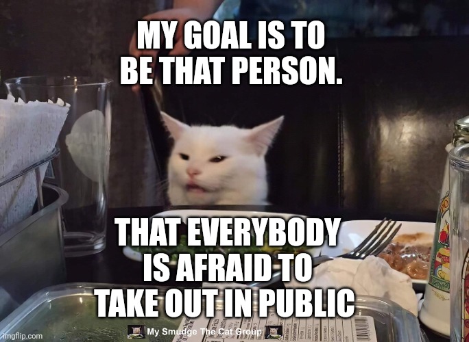  MY GOAL IS TO BE THAT PERSON. THAT EVERYBODY IS AFRAID TO TAKE OUT IN PUBLIC | image tagged in smudge the cat | made w/ Imgflip meme maker