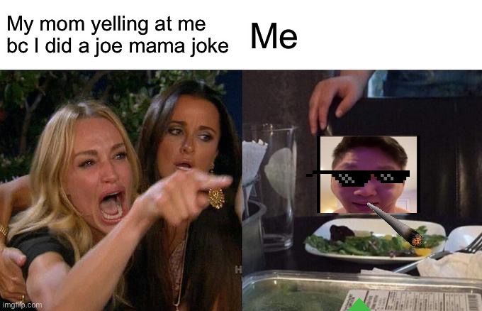 Woman Yelling At Cat | My mom yelling at me bc I did a joe mama joke; Me | image tagged in memes,woman yelling at cat | made w/ Imgflip meme maker