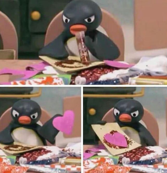 Angry Pingu making a card Blank Meme Template