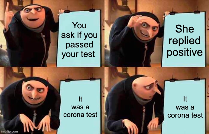 Positive I passed the test | You ask if you passed your test; She replied positive; It was a corona test; It was a corona test | image tagged in memes,gru's plan,positivity,test,corona,oh wow are you actually reading these tags | made w/ Imgflip meme maker