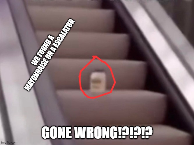 Mayonnaise On An Escalator | WE FOUND A MAYONNAISE ON A ESCALATOR; GONE WRONG!?!?!? | image tagged in mayonnaise on an escalator | made w/ Imgflip meme maker