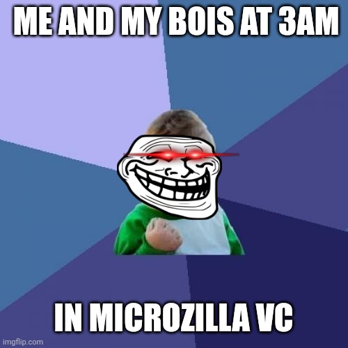 Microzilla ? | ME AND MY BOIS AT 3AM; IN MICROZILLA VC | image tagged in memes,success kid | made w/ Imgflip meme maker