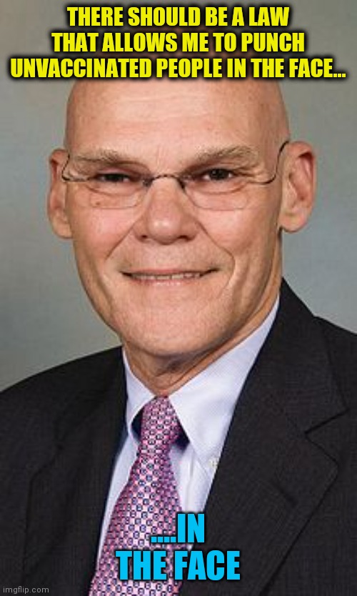 James Carville is inciting violence against other Americans | THERE SHOULD BE A LAW THAT ALLOWS ME TO PUNCH UNVACCINATED PEOPLE IN THE FACE... ....IN THE FACE | image tagged in james carville,old man,dead,inside,payday | made w/ Imgflip meme maker