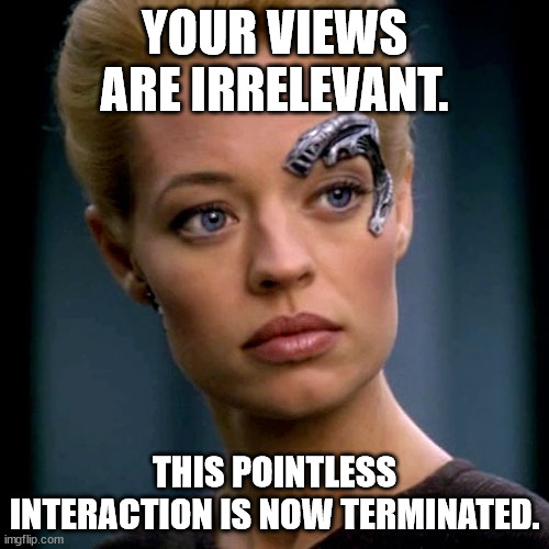 Seven of Nine Serious | YOUR VIEWS ARE IRRELEVANT. THIS POINTLESS INTERACTION IS NOW TERMINATED. | image tagged in seven of nine serious | made w/ Imgflip meme maker