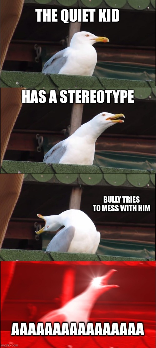 Inhaling Seagull Meme | THE QUIET KID; HAS A STEREOTYPE; BULLY TRIES TO MESS WITH HIM; AAAAAAAAAAAAAAAA | image tagged in memes,inhaling seagull | made w/ Imgflip meme maker