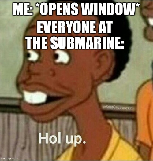 hol up | ME: *OPENS WINDOW*; EVERYONE AT THE SUBMARINE: | image tagged in hol up | made w/ Imgflip meme maker
