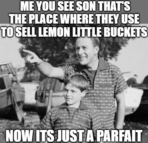 witness! | ME YOU SEE SON THAT'S THE PLACE WHERE THEY USE TO SELL LEMON LITTLE BUCKETS; NOW ITS JUST A PARFAIT | image tagged in memes,look son,look son look | made w/ Imgflip meme maker