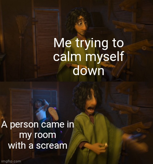 Encanto Bruno Mirabel | Me trying to
calm myself
down; A person came in
my room with a scream | image tagged in encanto bruno mirabel | made w/ Imgflip meme maker
