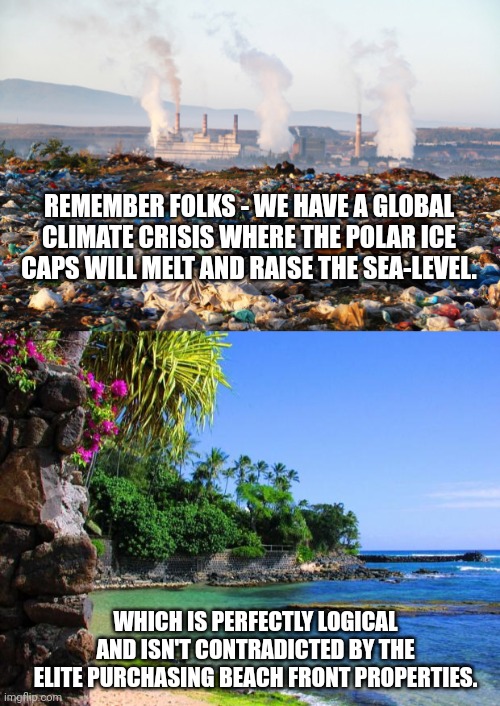 Beach front properties and global climate crisis | REMEMBER FOLKS - WE HAVE A GLOBAL CLIMATE CRISIS WHERE THE POLAR ICE CAPS WILL MELT AND RAISE THE SEA-LEVEL. WHICH IS PERFECTLY LOGICAL AND ISN'T CONTRADICTED BY THE ELITE PURCHASING BEACH FRONT PROPERTIES. | image tagged in pollution global warming climate change environment,hawaii | made w/ Imgflip meme maker