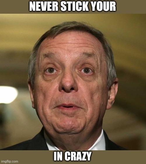 little dick durbin | NEVER STICK YOUR IN CRAZY | image tagged in little dick durbin | made w/ Imgflip meme maker