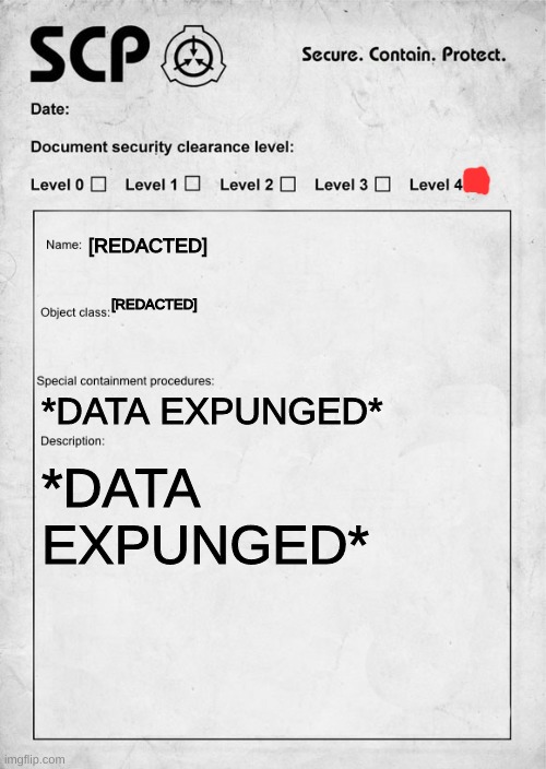 SCP document | [REDACTED]; [REDACTED]; *DATA EXPUNGED*; *DATA EXPUNGED* | image tagged in scp document | made w/ Imgflip meme maker