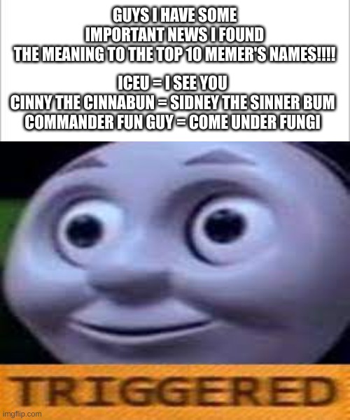 :OOOOOOOOOOOOOOOOOOOOOOOOOOOOOOOOOOOOOOOOOOOOO |  GUYS I HAVE SOME IMPORTANT NEWS I FOUND THE MEANING TO THE TOP 10 MEMER'S NAMES!!!! ICEU = I SEE YOU
CINNY THE CINNABUN = SIDNEY THE SINNER BUM
COMMANDER FUN GUY = COME UNDER FUNGI | image tagged in white background,poggers,pog,what,nani,confused | made w/ Imgflip meme maker