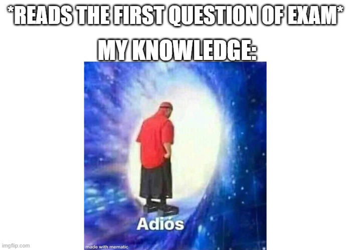 Text+Adios | MY KNOWLEDGE:; *READS THE FIRST QUESTION OF EXAM* | image tagged in text adios | made w/ Imgflip meme maker