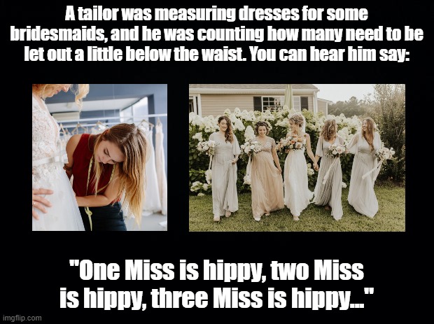 Tailor measuring for bridesmaids | A tailor was measuring dresses for some bridesmaids, and he was counting how many need to be let out a little below the waist. You can hear him say:; "One Miss is hippy, two Miss is hippy, three Miss is hippy..." | image tagged in black background,tailor,bridesmaid,pun | made w/ Imgflip meme maker