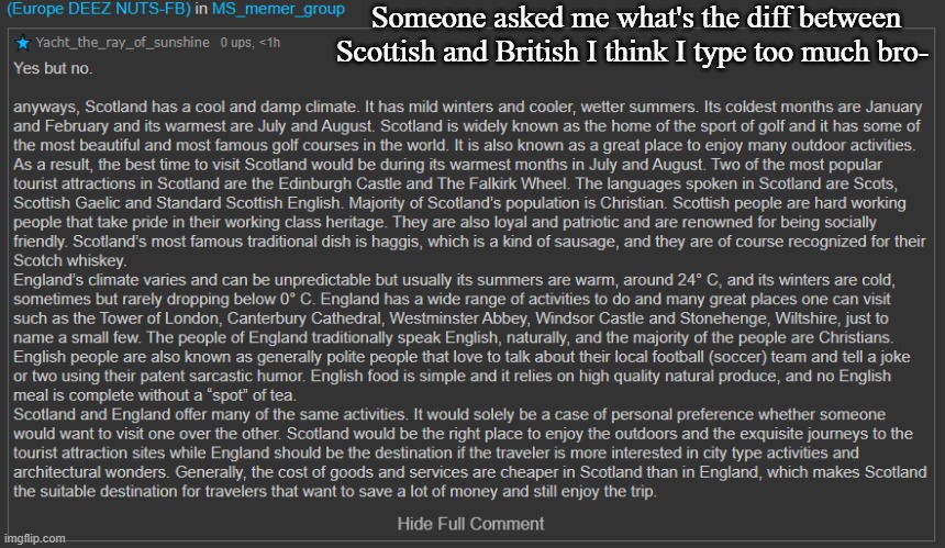 Someone asked me what's the diff between Scottish and British I think I type too much bro- | made w/ Imgflip meme maker