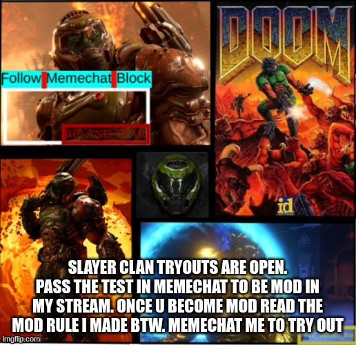 Slayers Club Tryouts | SLAYER CLAN TRYOUTS ARE OPEN. PASS THE TEST IN MEMECHAT TO BE MOD IN MY STREAM. ONCE U BECOME MOD READ THE MOD RULE I MADE BTW. MEMECHAT ME TO TRY OUT | image tagged in slayer temp | made w/ Imgflip meme maker