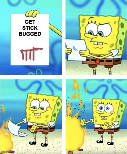 e | GET STICK BUGGED | image tagged in spongebob burning paper | made w/ Imgflip meme maker