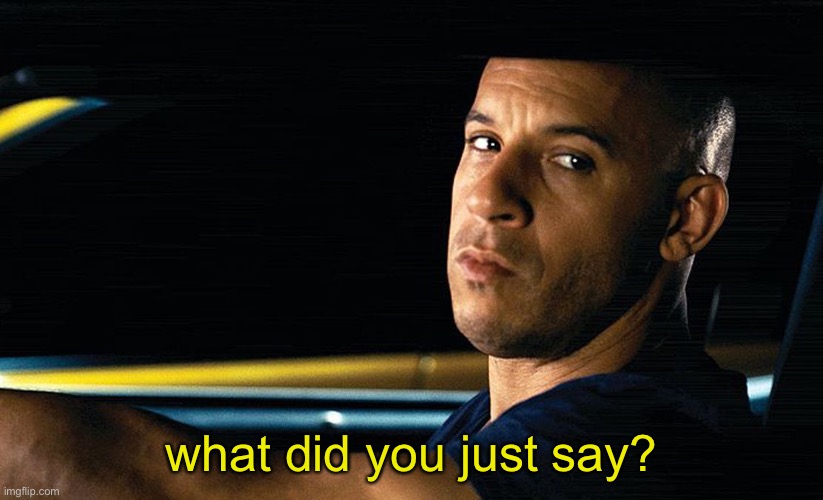 Vin Diesel in a car | what did you just say? | image tagged in vin diesel in a car | made w/ Imgflip meme maker