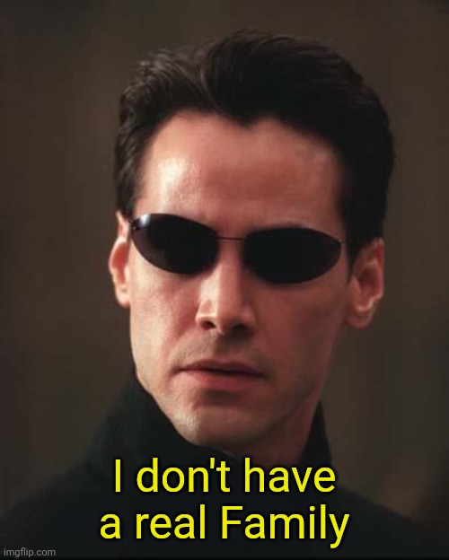 Neo Matrix Keanu Reeves | I don't have a real Family | image tagged in neo matrix keanu reeves | made w/ Imgflip meme maker