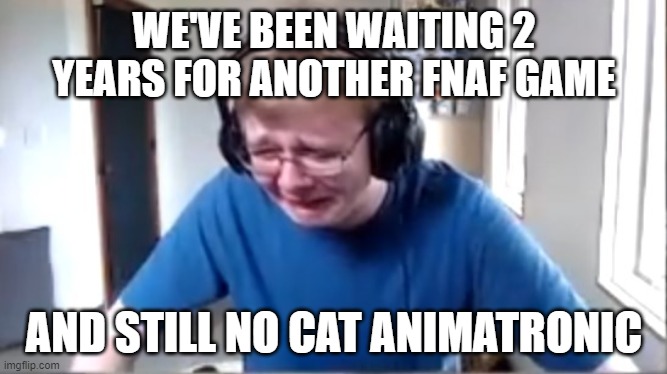 Carson crying | WE'VE BEEN WAITING 2 YEARS FOR ANOTHER FNAF GAME; AND STILL NO CAT ANIMATRONIC | image tagged in carson crying | made w/ Imgflip meme maker