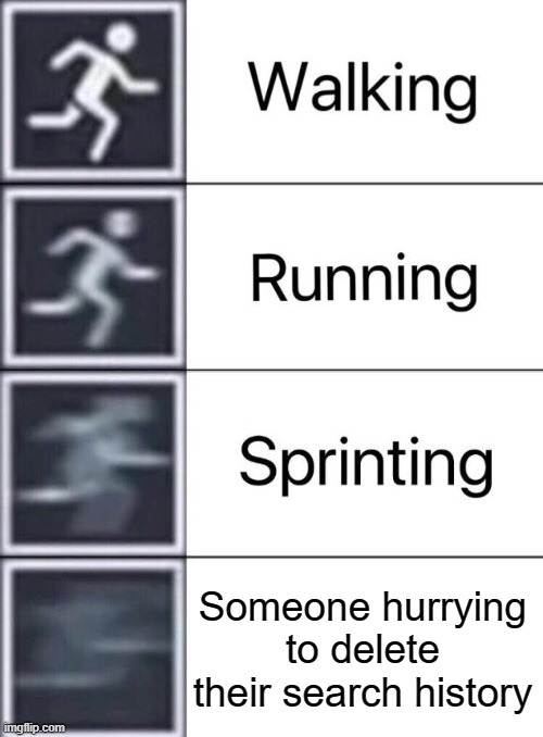 Deleting search history at mach 1.5 | Someone hurrying to delete their search history | image tagged in walking running sprinting | made w/ Imgflip meme maker