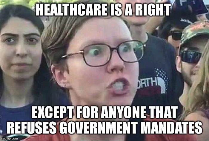 Triggered Liberal | HEALTHCARE IS A RIGHT EXCEPT FOR ANYONE THAT REFUSES GOVERNMENT MANDATES | image tagged in triggered liberal | made w/ Imgflip meme maker