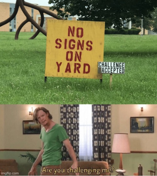 No signs on yard | image tagged in are you challenging me,funny,funny memes,memes,ironic,stupid signs | made w/ Imgflip meme maker