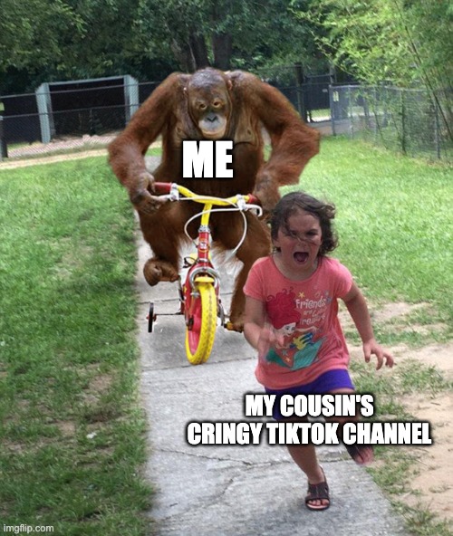 HE NEEDS JESUS ASAP! | ME; MY COUSIN'S CRINGY TIKTOK CHANNEL | image tagged in orangutan chasing girl on a tricycle | made w/ Imgflip meme maker