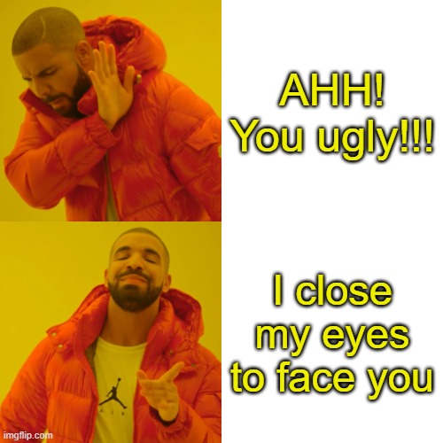 Drake Hotline Bling | AHH! You ugly!!! I close my eyes to face you | image tagged in memes,drake hotline bling | made w/ Imgflip meme maker