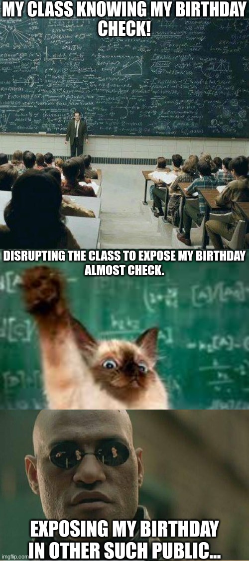Exposing my birthday | MY CLASS KNOWING MY BIRTHDAY
CHECK! DISRUPTING THE CLASS TO EXPOSE MY BIRTHDAY
ALMOST CHECK. EXPOSING MY BIRTHDAY IN OTHER SUCH PUBLIC... | image tagged in school,birthday,cats,hand,matrix morpheus,memes | made w/ Imgflip meme maker