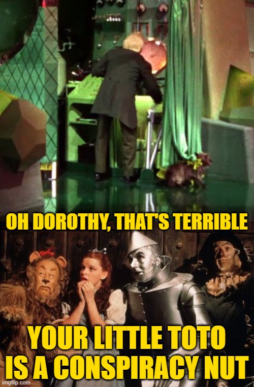 Everything is Fine in the Merry Old Land of Oz | OH DOROTHY, THAT'S TERRIBLE YOUR LITTLE TOTO IS A CONSPIRACY NUT | image tagged in toto,dorothy,wizard of oz,conspiracy theory | made w/ Imgflip meme maker