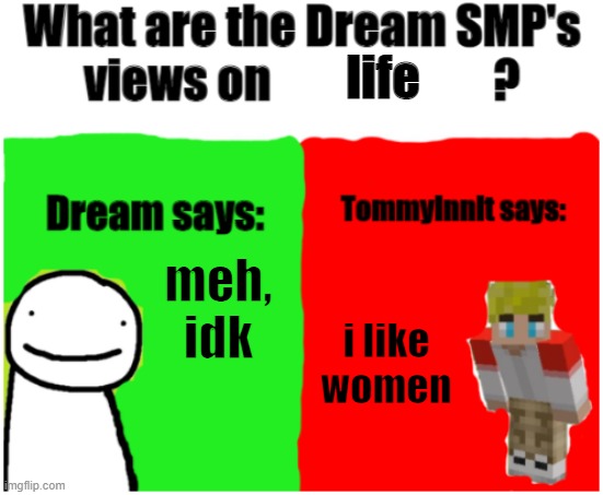 gtrht | life; meh, idk; i like women | image tagged in dream smp views | made w/ Imgflip meme maker
