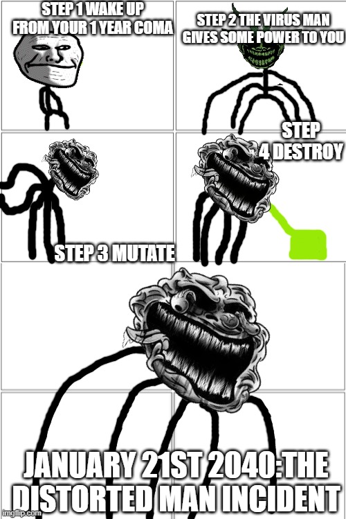 Blank Comic Panel 2x4 | STEP 1 WAKE UP FROM YOUR 1 YEAR COMA; STEP 2 THE VIRUS MAN GIVES SOME POWER TO YOU; STEP 4 DESTROY; STEP 3 MUTATE; JANUARY 21ST 2040:THE DISTORTED MAN INCIDENT | image tagged in blank comic panel 2x4 | made w/ Imgflip meme maker