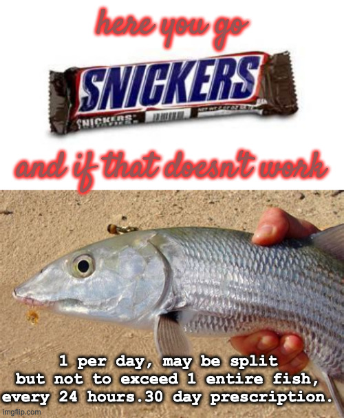 here you go and if that doesn't work 1 per day, may be split but not to exceed 1 entire fish, every 24 hours.30 day prescription. | image tagged in snickers,bone fish | made w/ Imgflip meme maker