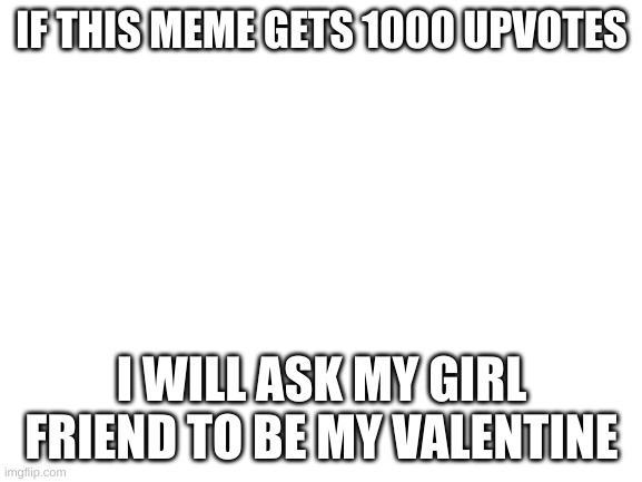 Blank White Template | IF THIS MEME GETS 1000 UPVOTES; I WILL ASK MY GIRL FRIEND TO BE MY VALENTINE | image tagged in blank white template | made w/ Imgflip meme maker