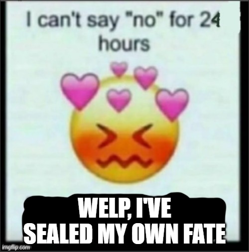 Is this allowed? it's technically not a Splatoon meme... I'll delete it if not :) | WELP, I'VE SEALED MY OWN FATE | image tagged in cant say no | made w/ Imgflip meme maker