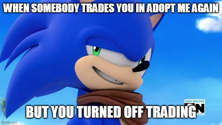 adopt me meme | WHEN SOMEBODY TRADES YOU IN ADOPT ME AGAIN; BUT YOU TURNED OFF TRADING | image tagged in sonic meme,sonic,adopt me,roblox meme | made w/ Imgflip meme maker
