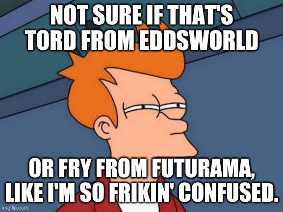 Is that Fry or Tord? | NOT SURE IF THAT'S TORD FROM EDDSWORLD; OR FRY FROM FUTURAMA, LIKE I'M SO FRIKIN' CONFUSED. | image tagged in memes,futurama fry | made w/ Imgflip meme maker