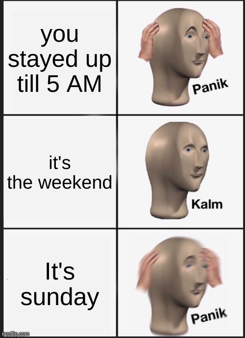 Panik Kalm Panik | you stayed up till 5 AM; it's the weekend; It's sunday | image tagged in memes,panik kalm panik | made w/ Imgflip meme maker