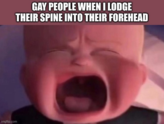 boss baby crying | GAY PEOPLE WHEN I LODGE THEIR SPINE INTO THEIR FOREHEAD | image tagged in boss baby crying | made w/ Imgflip meme maker