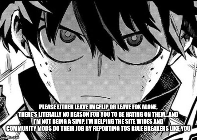 Deku glare | PLEASE EITHER LEAVE IMGFLIP OR LEAVE FOX ALONE, THERE'S LITERALLY NO REASON FOR YOU TO BE HATING ON THEM...AND I'M NOT BEING A SIMP, I'M HELPING THE SITE WIDES AND COMMUNITY MODS DO THEIR JOB BY REPORTING TOS RULE BREAKERS LIKE YOU | image tagged in deku glare | made w/ Imgflip meme maker
