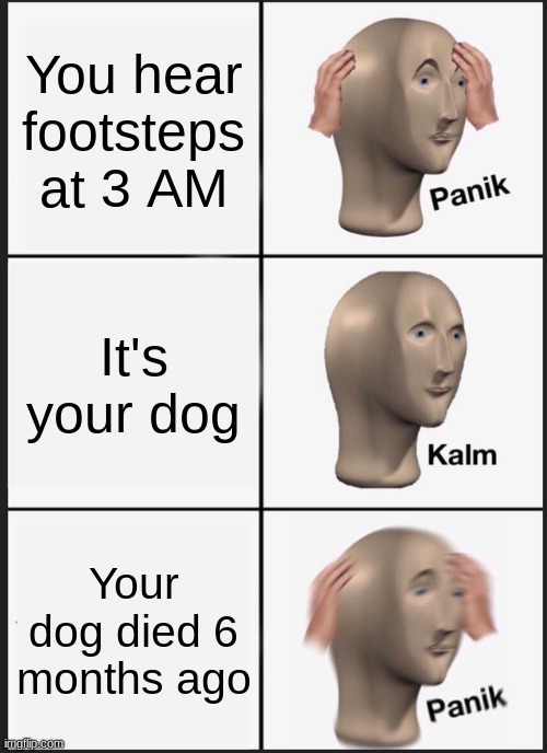 Footsteps | You hear footsteps at 3 AM; It's your dog; Your dog died 6 months ago | image tagged in memes,panik kalm panik | made w/ Imgflip meme maker