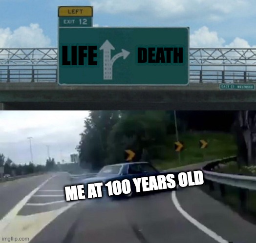 Left Exit 12 Off Ramp | LIFE; DEATH; ME AT 100 YEARS OLD | image tagged in memes,left exit 12 off ramp | made w/ Imgflip meme maker