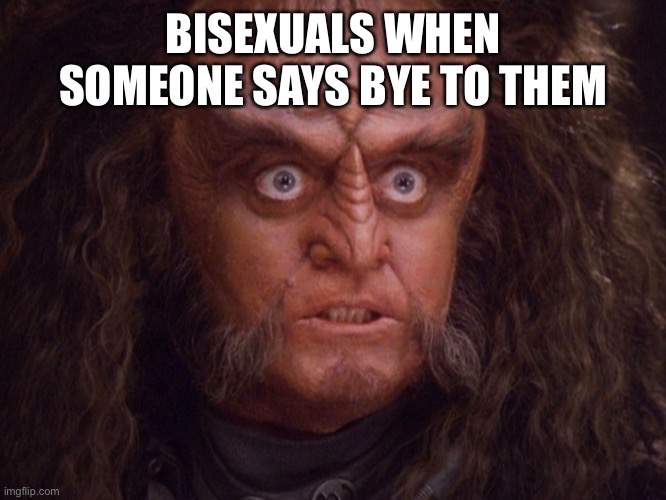 Aroused Klingon | BISEXUALS WHEN SOMEONE SAYS BYE TO THEM | image tagged in aroused klingon | made w/ Imgflip meme maker