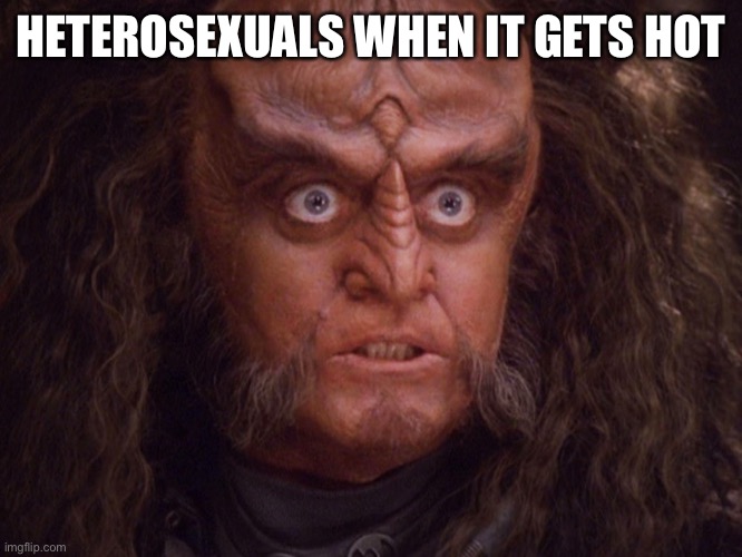 Aroused Klingon | HETEROSEXUALS WHEN IT GETS HOT | image tagged in aroused klingon | made w/ Imgflip meme maker