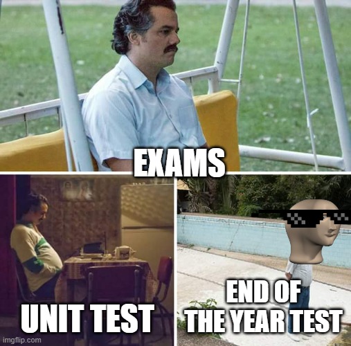 Sad Pablo Escobar |  EXAMS; UNIT TEST; END OF THE YEAR TEST | image tagged in memes,sad pablo escobar | made w/ Imgflip meme maker