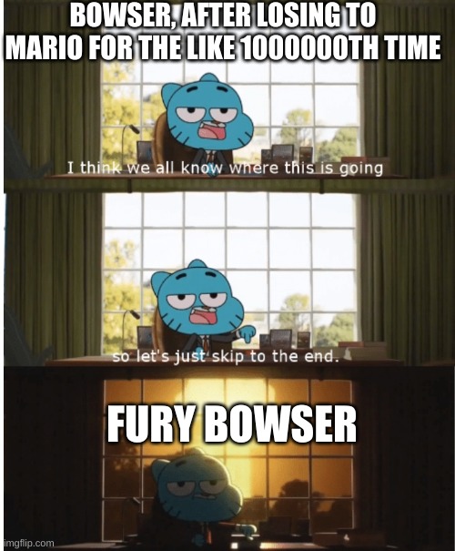 A Clever Title. | BOWSER, AFTER LOSING TO MARIO FOR THE LIKE 1000000TH TIME; FURY BOWSER | image tagged in i think we all know where this is going | made w/ Imgflip meme maker