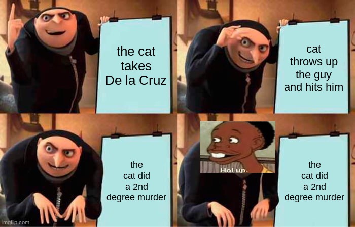 Coco moments | the cat takes De la Cruz; cat throws up the guy and hits him; the cat did a 2nd degree murder; the cat did a 2nd degree murder | image tagged in memes,gru's plan | made w/ Imgflip meme maker