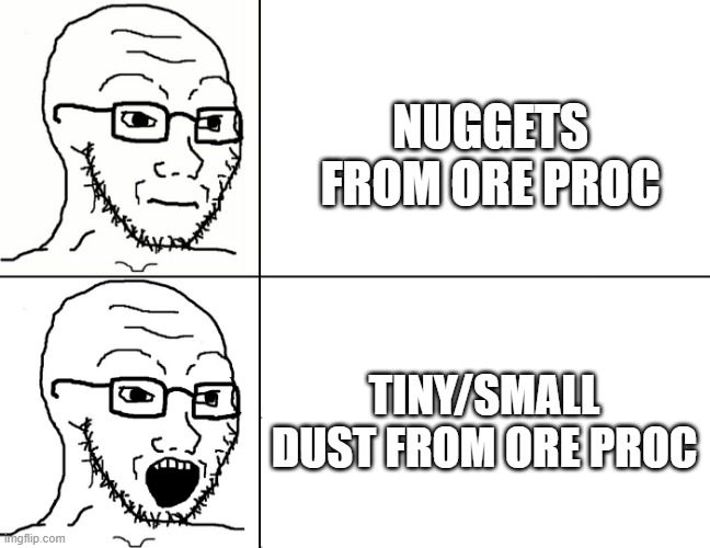create vs gt | NUGGETS FROM ORE PROC; TINY/SMALL DUST FROM ORE PROC | image tagged in soyjak reaction,greg,minecraft | made w/ Imgflip meme maker